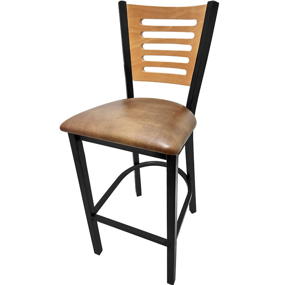 5 line wood back barstool with black frame