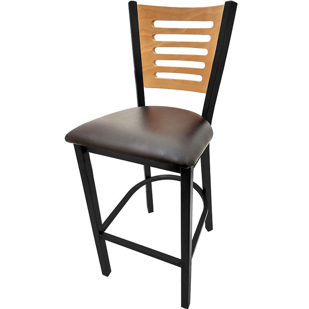 5 line wood back barstool with black frame