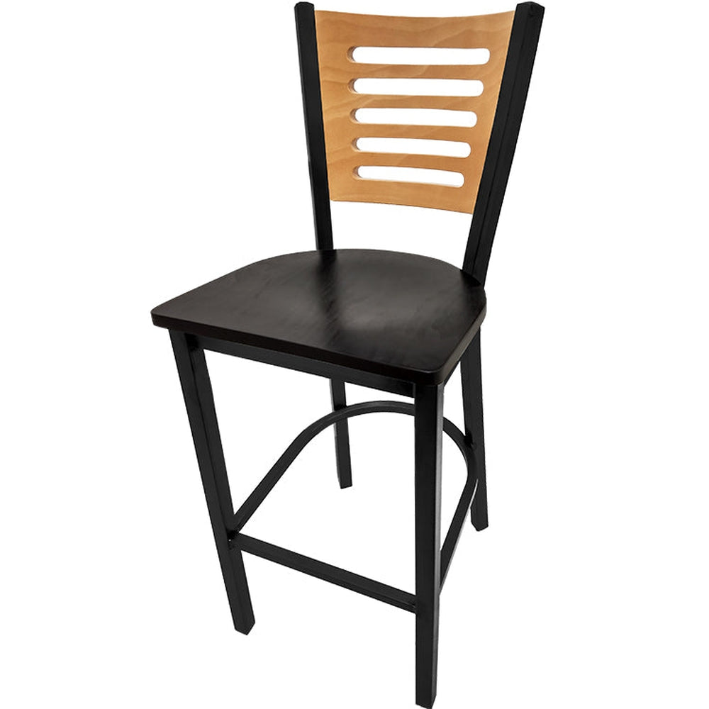 5 line wood back barstool with black frame