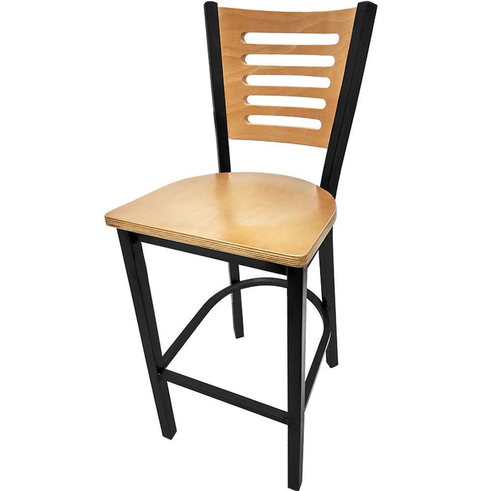 5 line wood back barstool with black frame