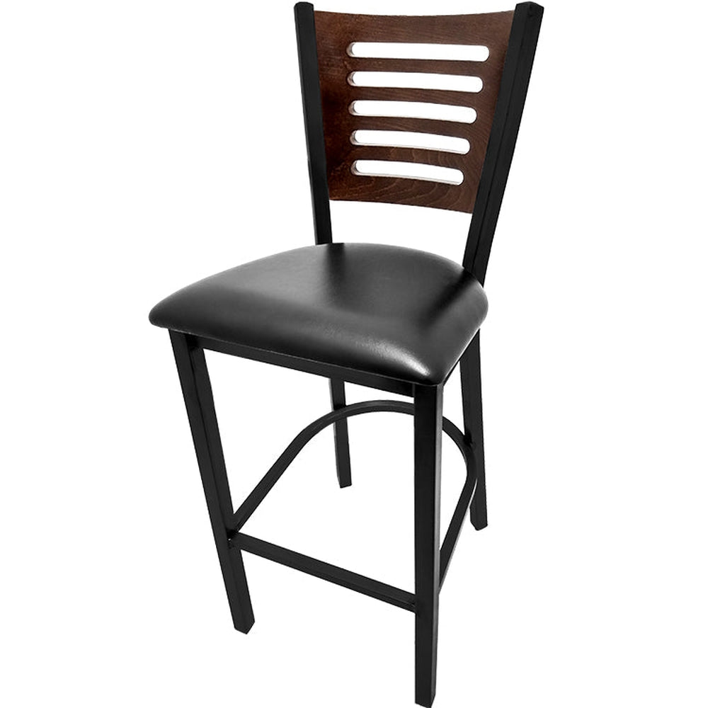 5 line wood back barstool with black frame