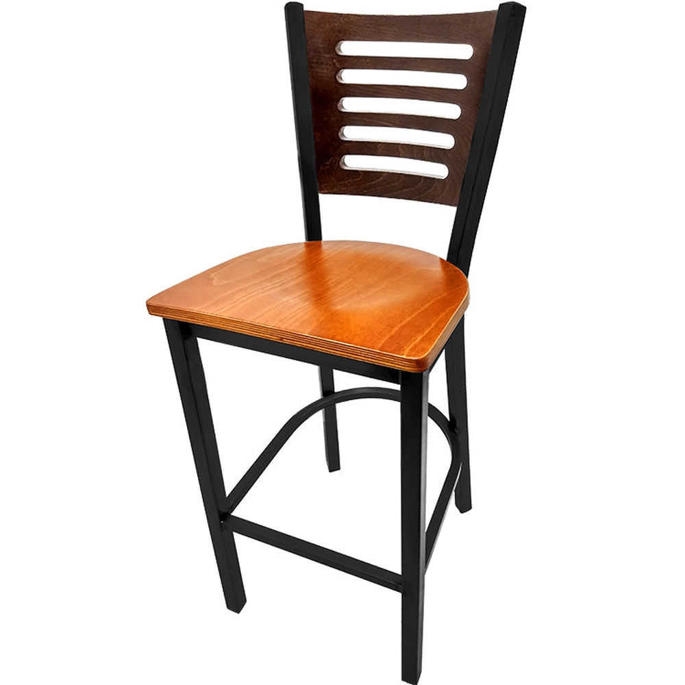 5 line wood back barstool with black frame