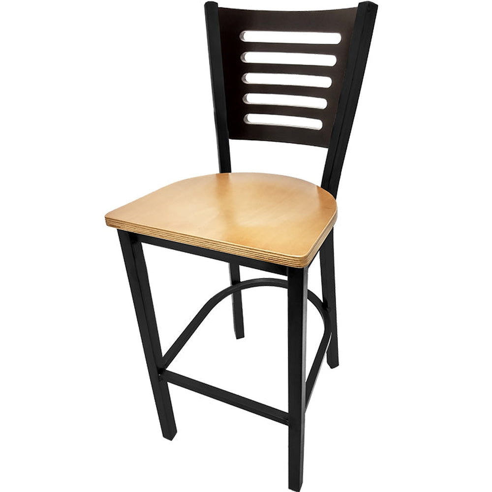 5 line wood back barstool with black frame