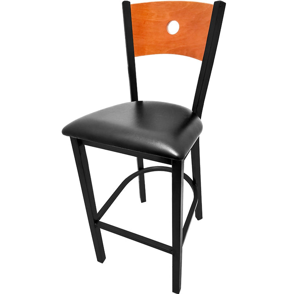 bullseye wood back barstool with black frame