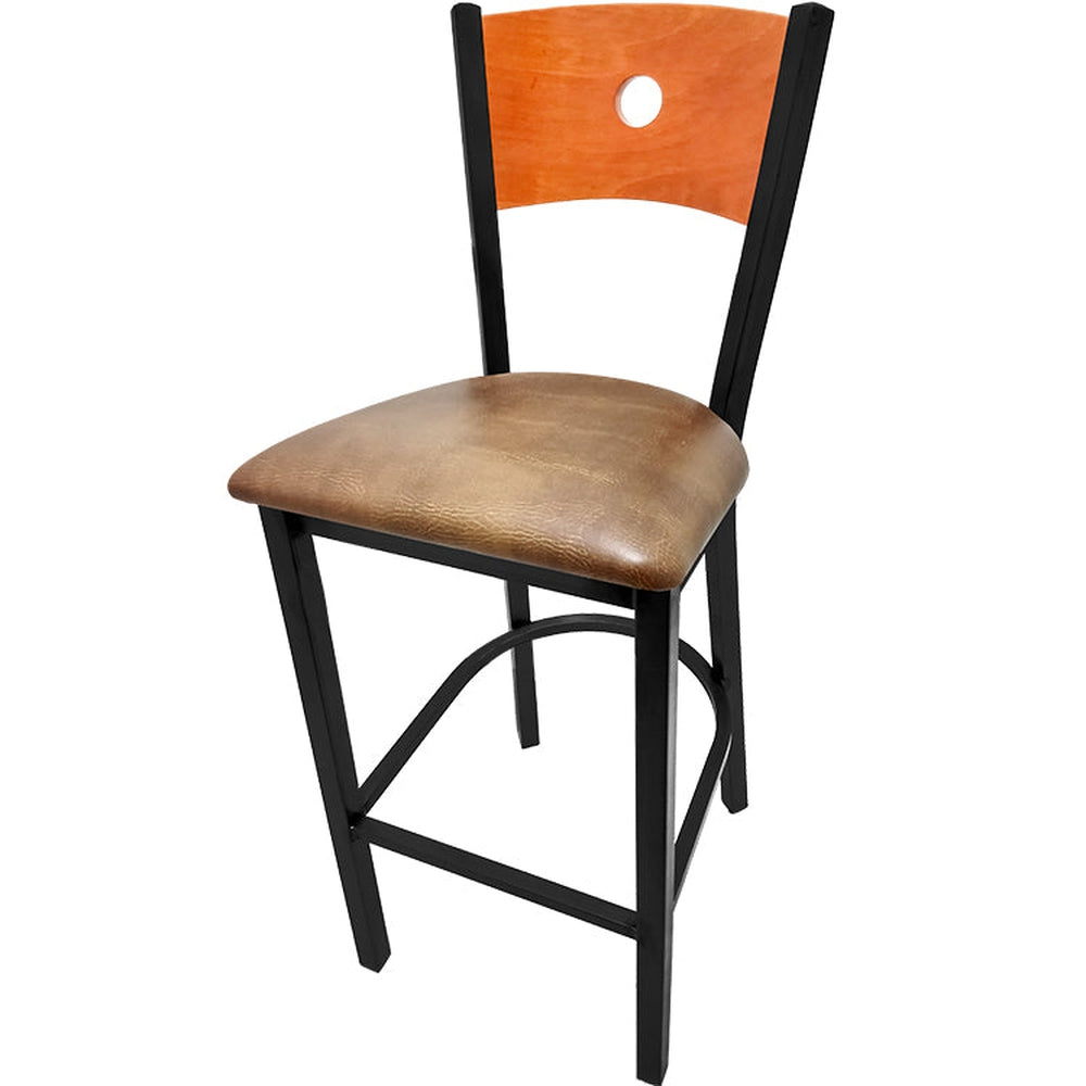 bullseye wood back barstool with black frame