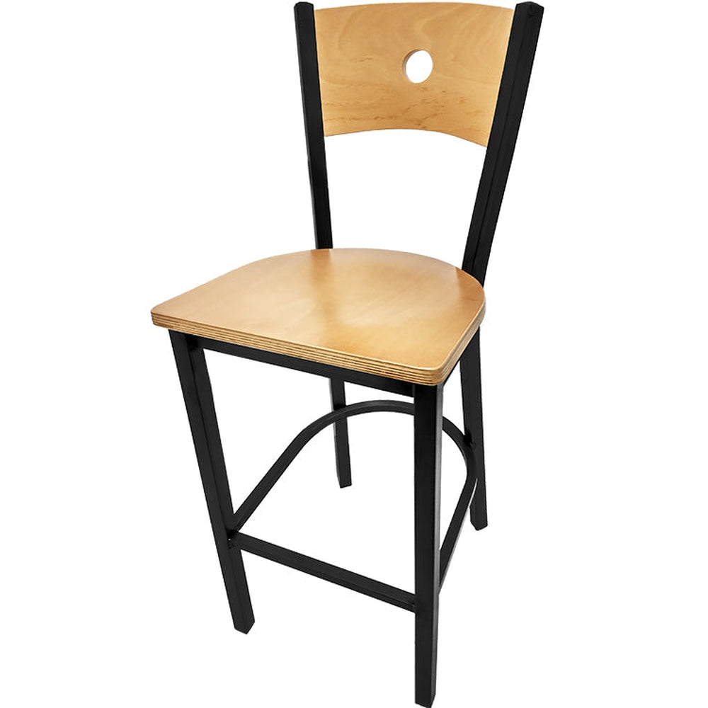 bullseye wood back barstool with black frame