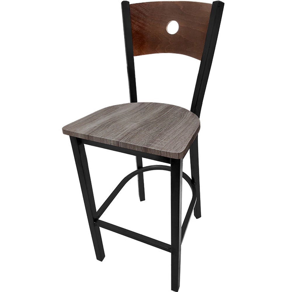 bullseye wood back barstool with black frame