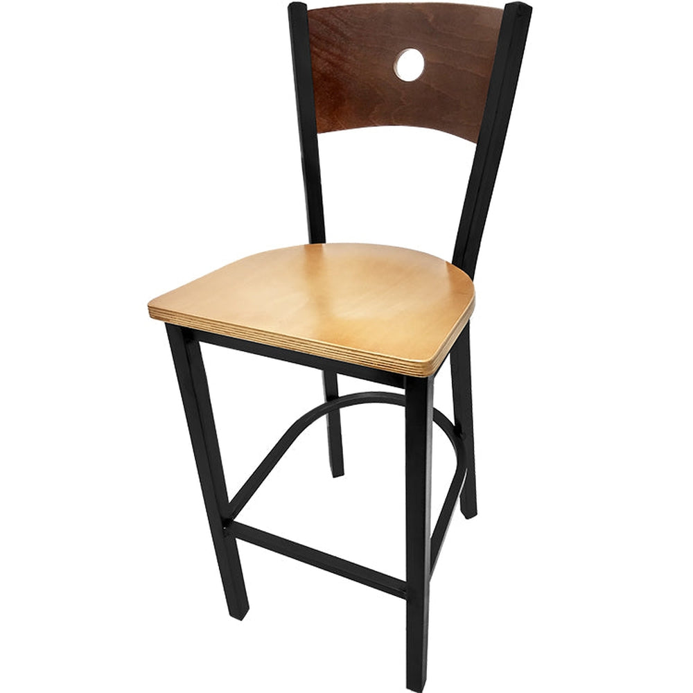 bullseye wood back barstool with black frame