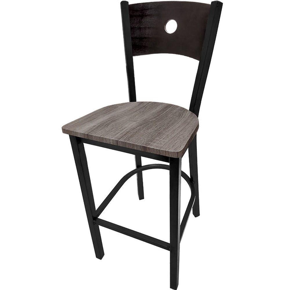 bullseye wood back barstool with black frame