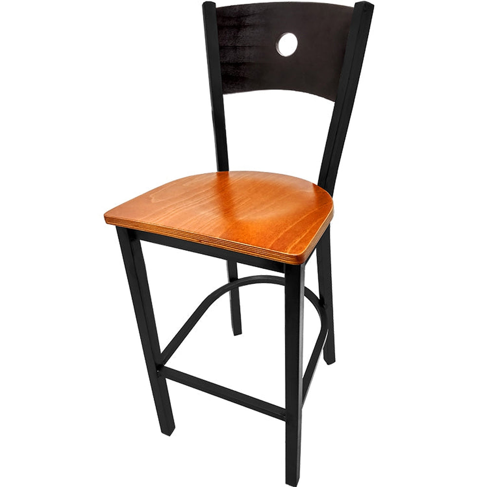 bullseye wood back barstool with black frame