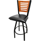 5 line wood back barstool with black swivel frame