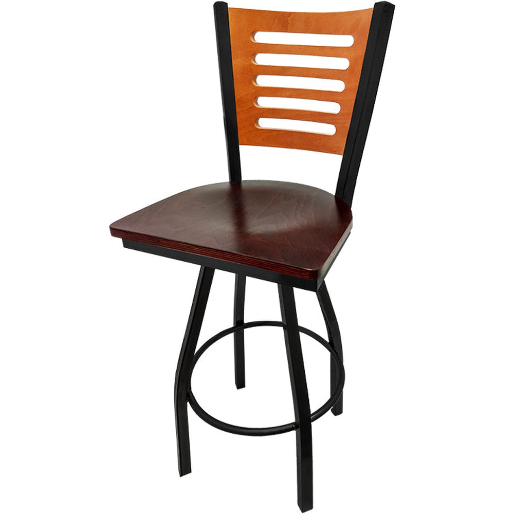 5 line wood back barstool with black swivel frame