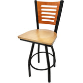 5 line wood back barstool with black swivel frame