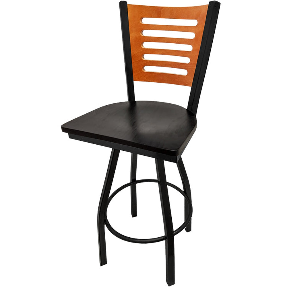 5 line wood back barstool with black swivel frame