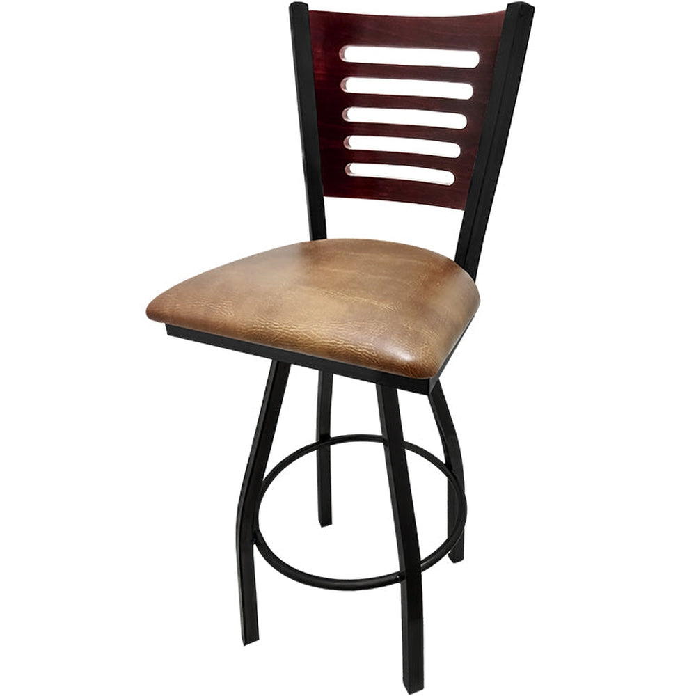 5 line wood back barstool with black swivel frame