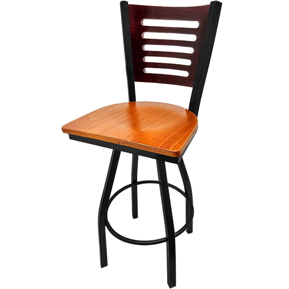 5 line wood back barstool with black swivel frame