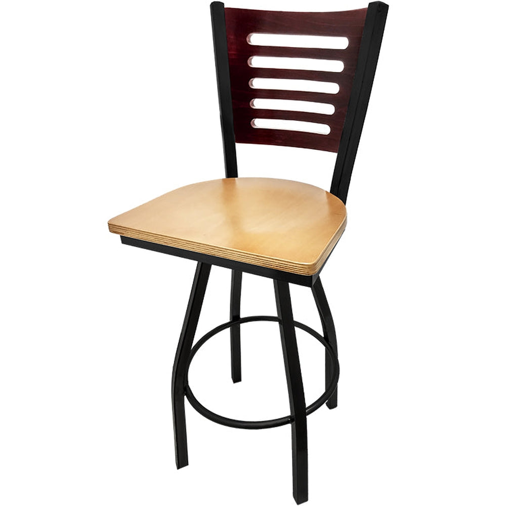 5 line wood back barstool with black swivel frame