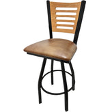 5 line wood back barstool with black swivel frame