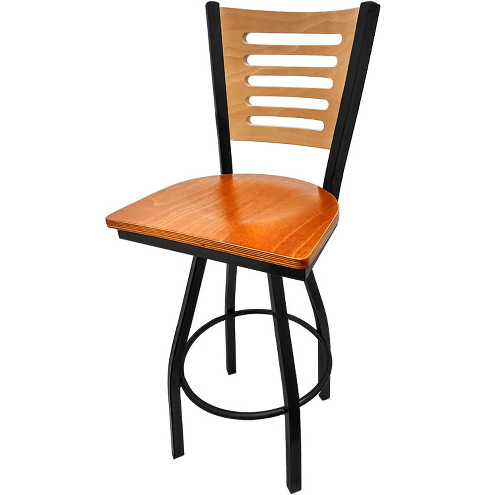 5 line wood back barstool with black swivel frame