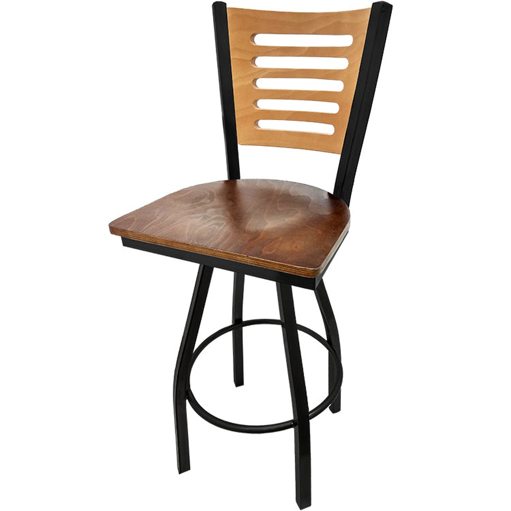 5 line wood back barstool with black swivel frame