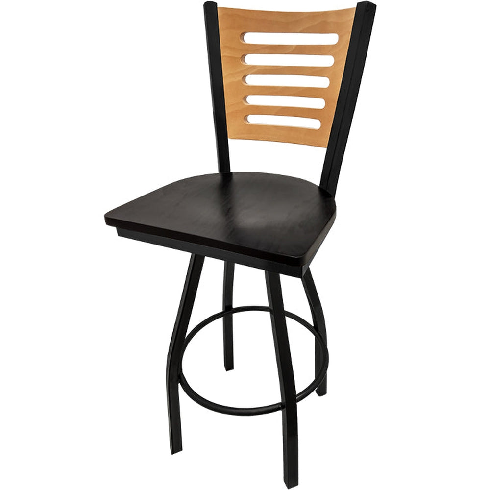 5 line wood back barstool with black swivel frame