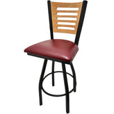 5 line wood back barstool with black swivel frame