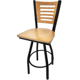 5 line wood back barstool with black swivel frame