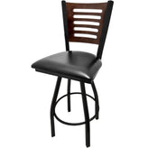 5 line wood back barstool with black swivel frame