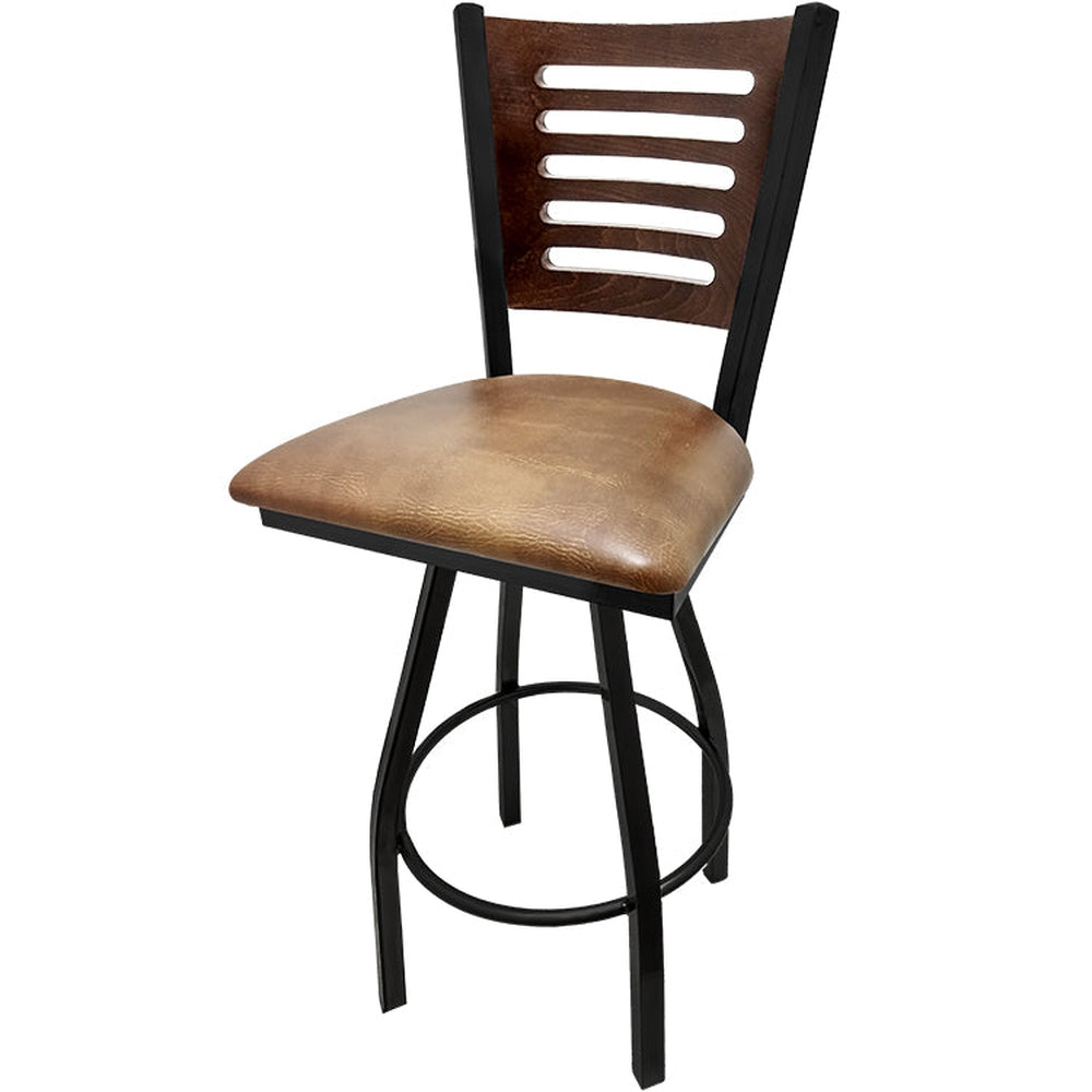 5 line wood back barstool with black swivel frame