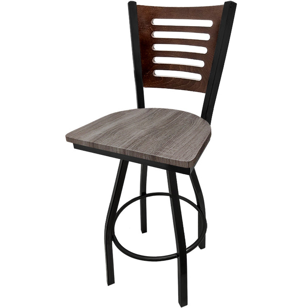 5 line wood back barstool with black swivel frame