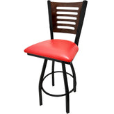 5 line wood back barstool with black swivel frame