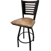 5 line wood back barstool with black swivel frame