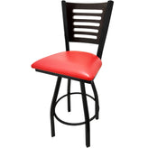 5 line wood back barstool with black swivel frame