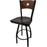 bullseye wood back barstool with black swivel frame