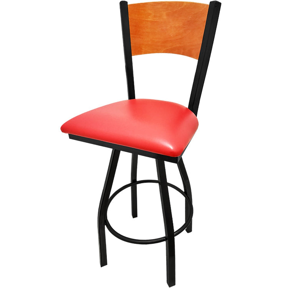 plain wood back barstool with black swivel frame