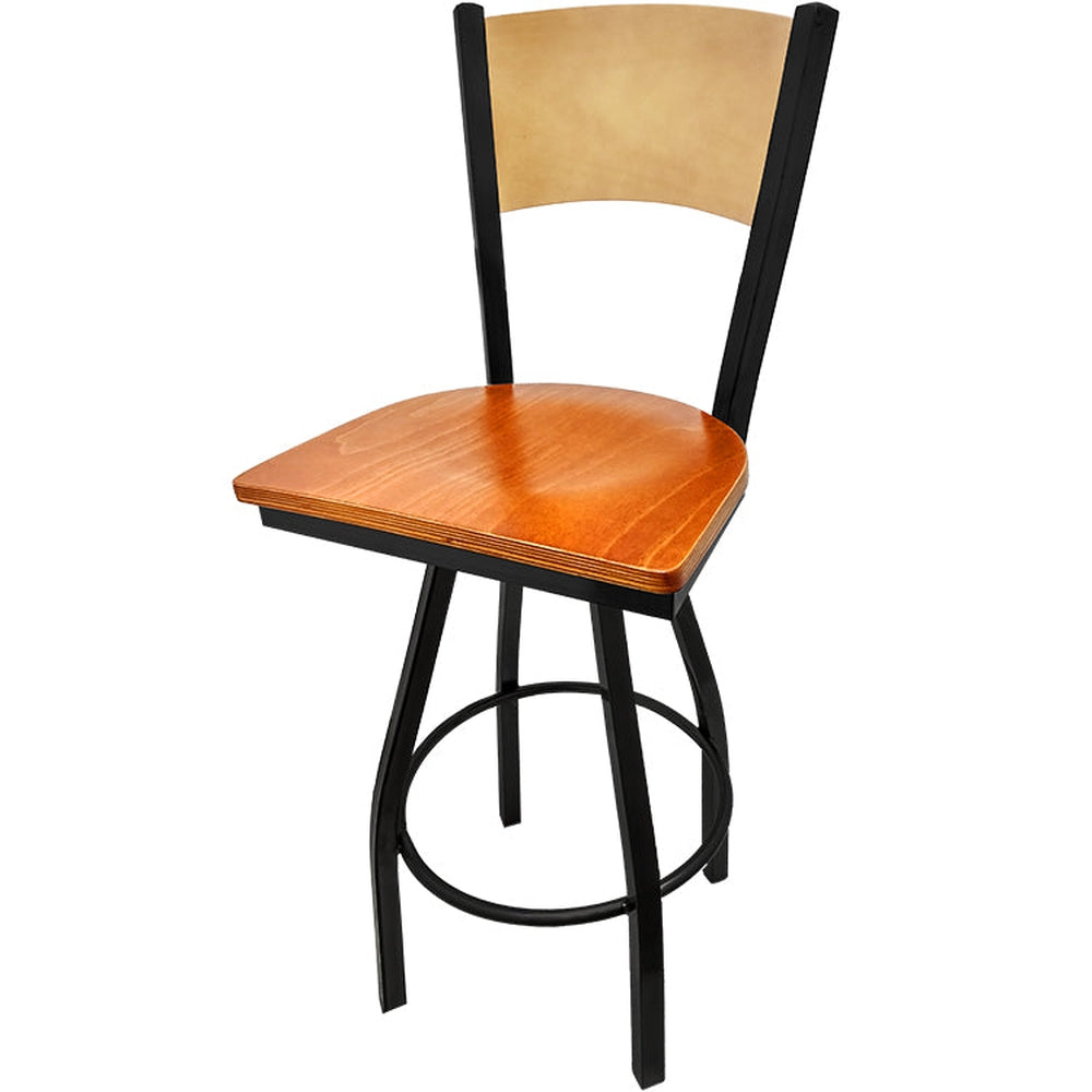 plain wood back barstool with black swivel frame