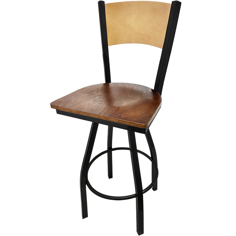 plain wood back barstool with black swivel frame