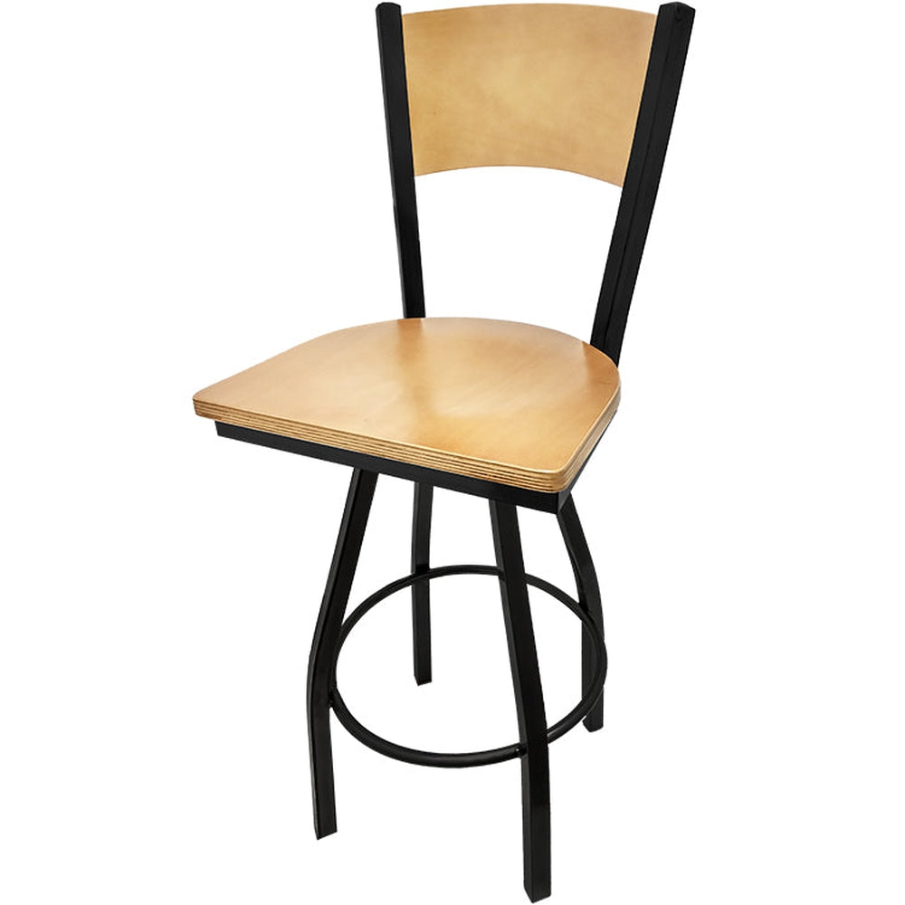 plain wood back barstool with black swivel frame