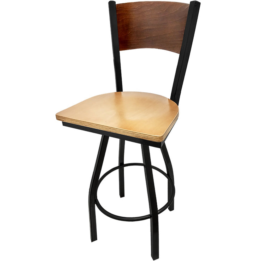 plain wood back barstool with black swivel frame