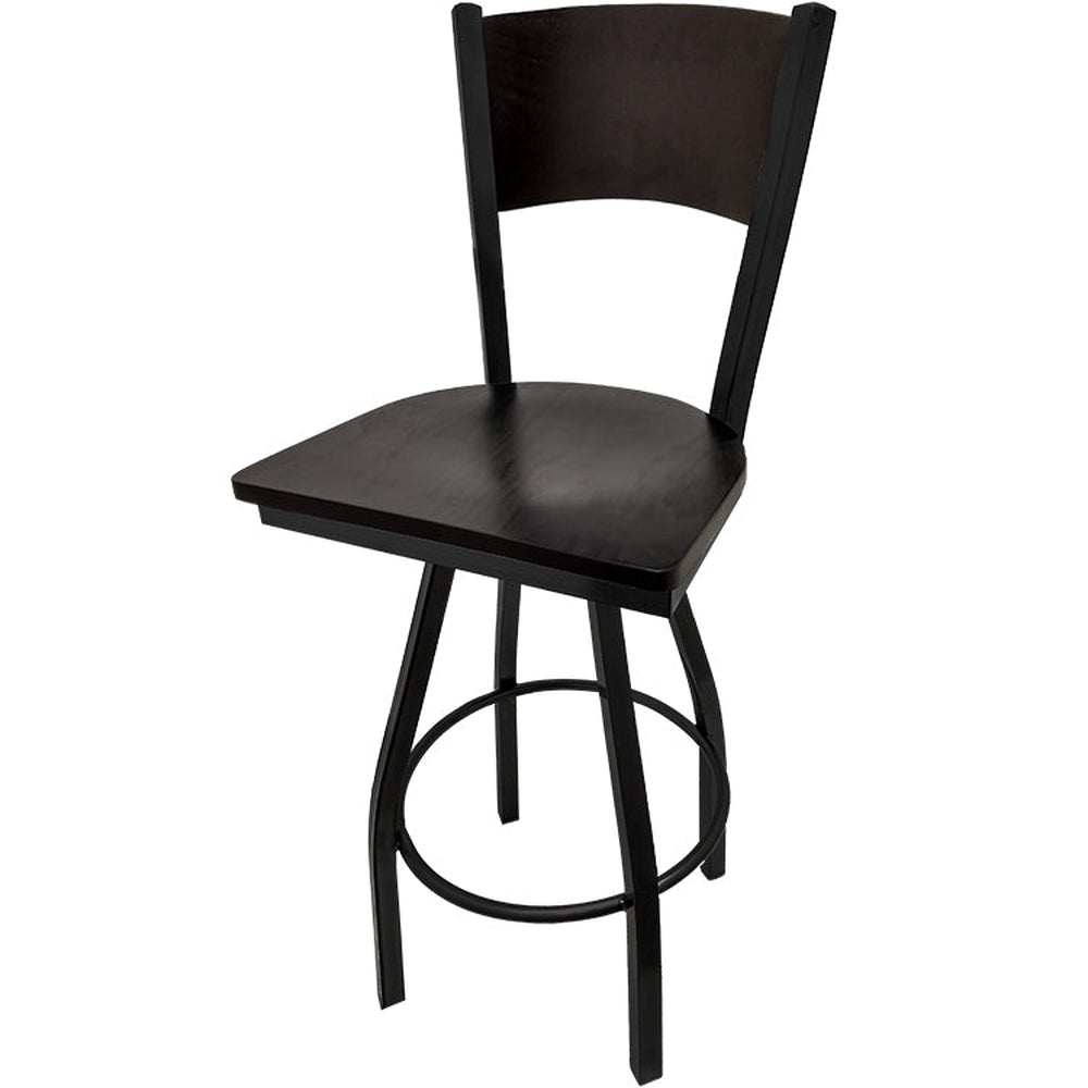 plain wood back barstool with black swivel frame