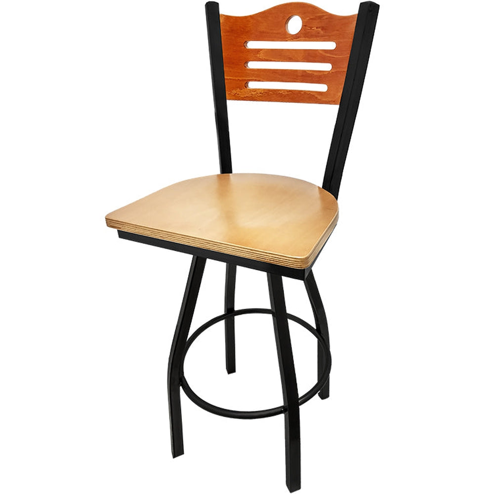 shoreline wood back barstool with black swivel frame