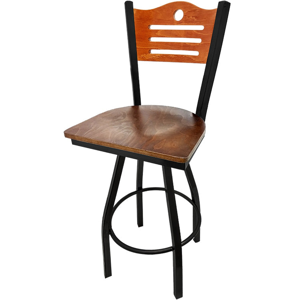 shoreline wood back barstool with black swivel frame