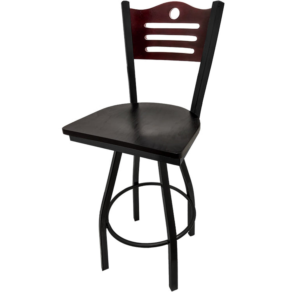 shoreline wood back barstool with black swivel frame