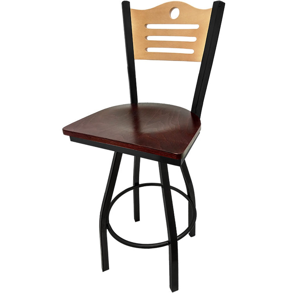 shoreline wood back barstool with black swivel frame