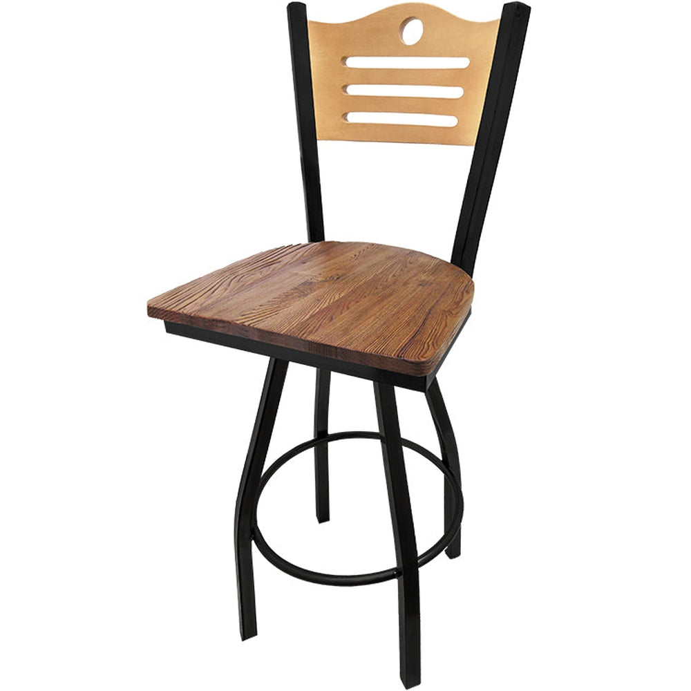 shoreline wood back barstool with black swivel frame