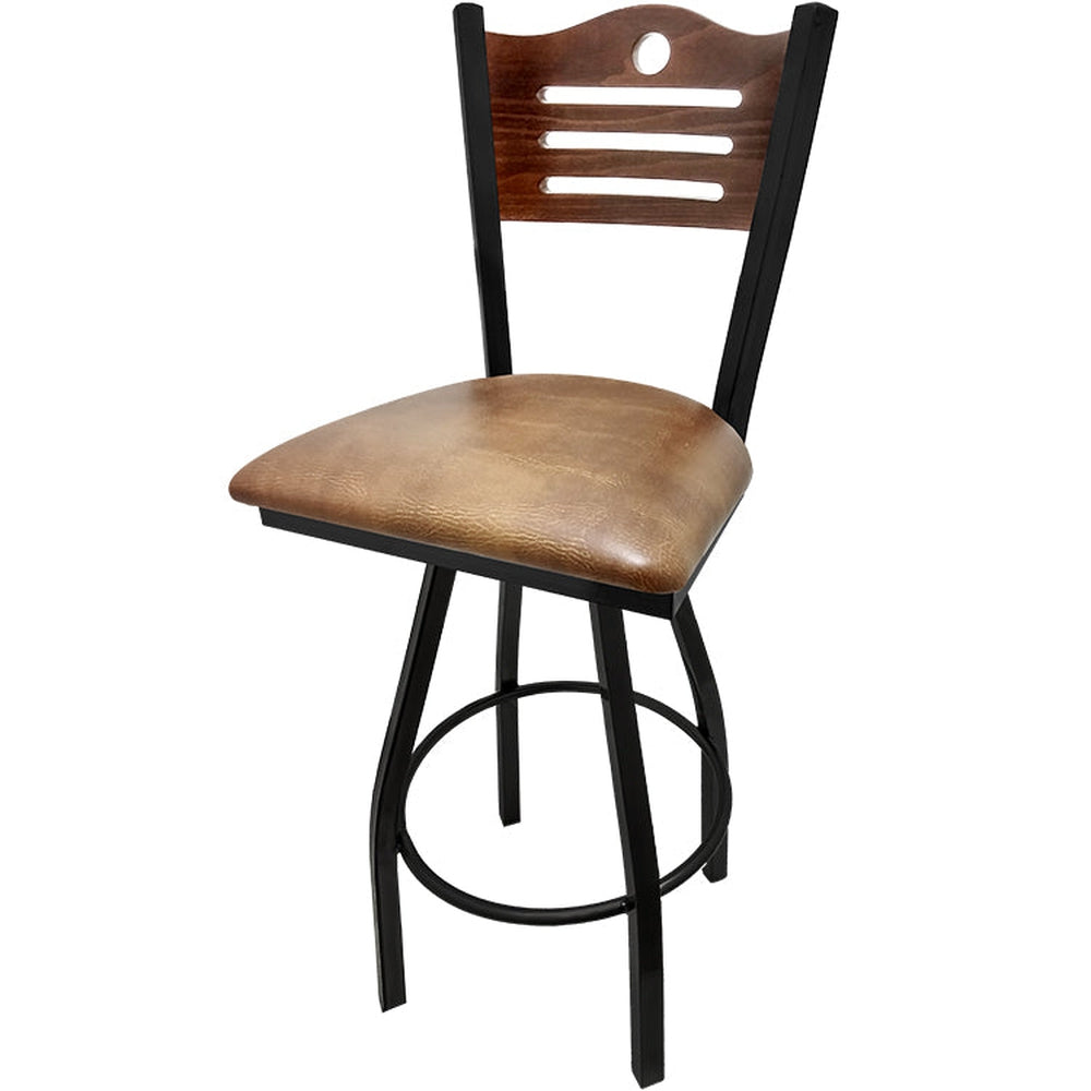 shoreline wood back barstool with black swivel frame