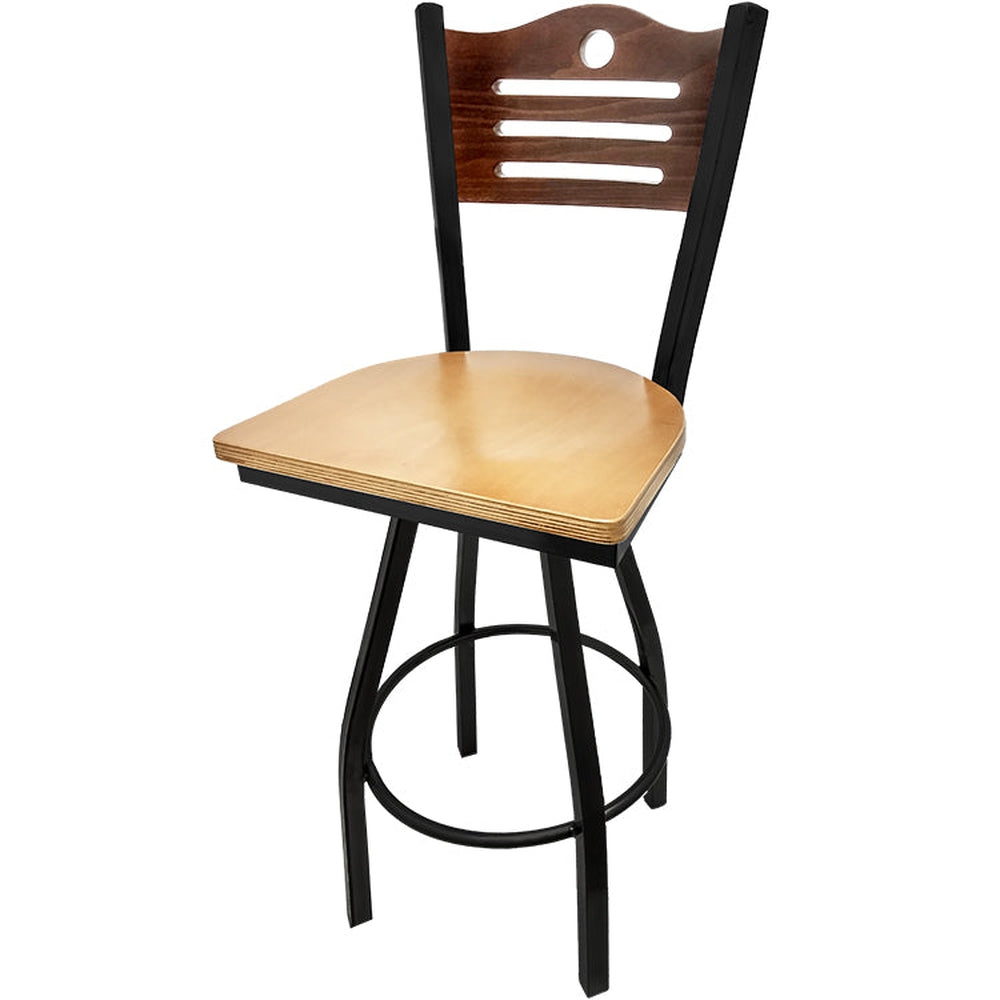 shoreline wood back barstool with black swivel frame