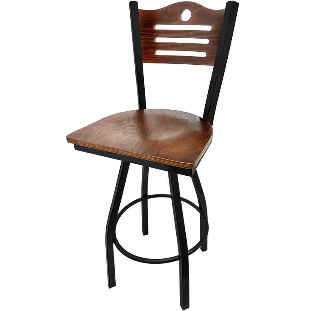 shoreline wood back barstool with black swivel frame