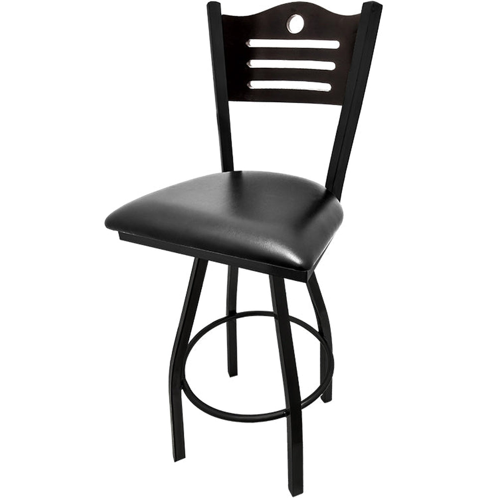 shoreline wood back barstool with black swivel frame