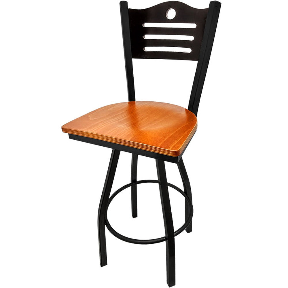 shoreline wood back barstool with black swivel frame